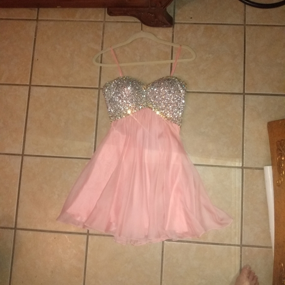 La Femme Paris Rhinestone Sparkly Pink Mini Dress - Picture 4 of 15